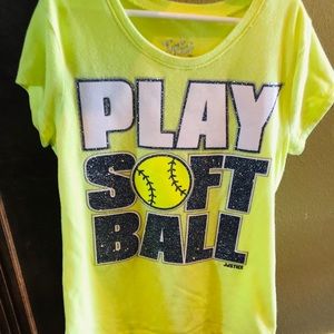 Yellow Justice softball T shirt w sparkle sz14